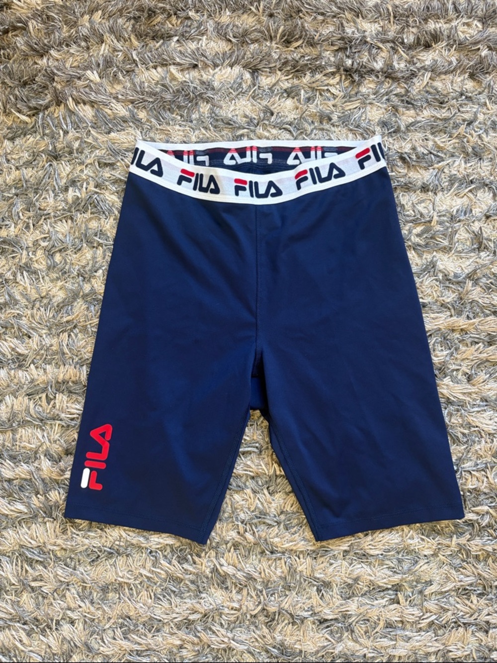 FILA Navy Bike Shorts with White Logo Waistband and Red Accent